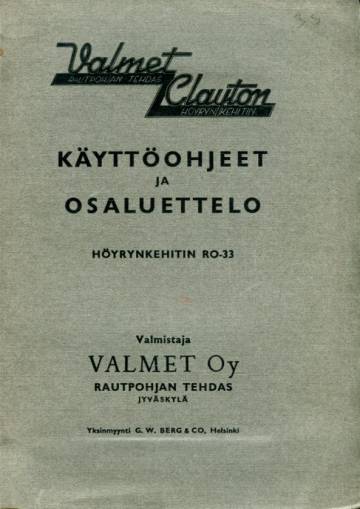 Valmet Clayton höyrynkehitin RO-33 käyttöohjeet ja osaluettelo